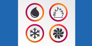 Four icons representing different climate control settings: water drop for humidity, snowflake for cooling, fan for ventilation, and sun for heating.