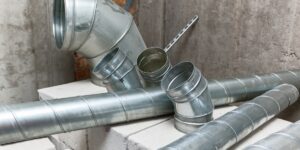 A close-up view of a network of pipes and ducts.