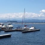 View of a marina with sailboats and motorboats docked on a calm body of water, with a distant mountain range under a partly cloudy sky.