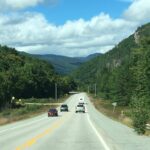 A winding road through a lush green forest.