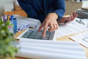 Close-up image of engineer examining housing project on screen of tablet computer