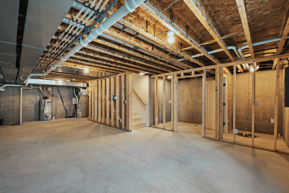 Exposed ductwork and framing visible inside a home during residential renovation