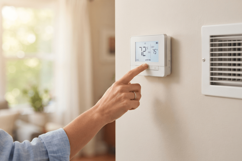 adjusting a home thermostat near an air vent on a hot da