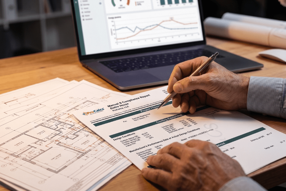 HVAC professional reviewing a Manual J load calculation with floor plans