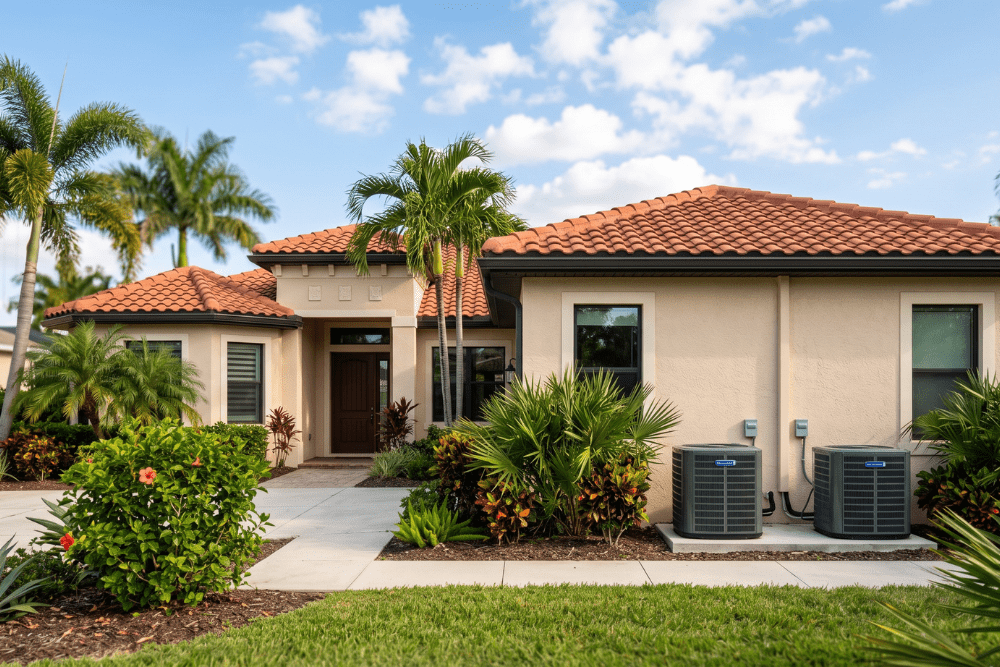 Heat pump and straight cool AC condensers outside a Florida home