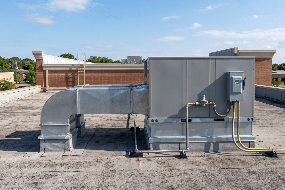 Landlord-supplied rooftop unit on a retail building, a key item in commercial HVAC permit requirements