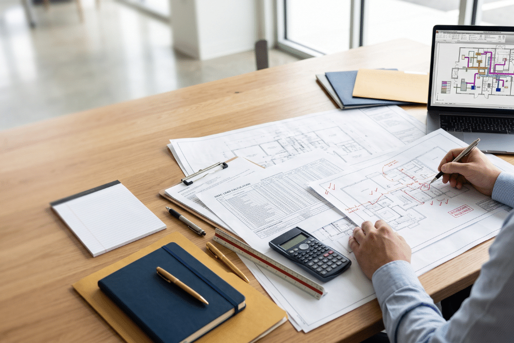 HVAC permit rejected: professional reviewing mechanical drawings and building department correction comments
